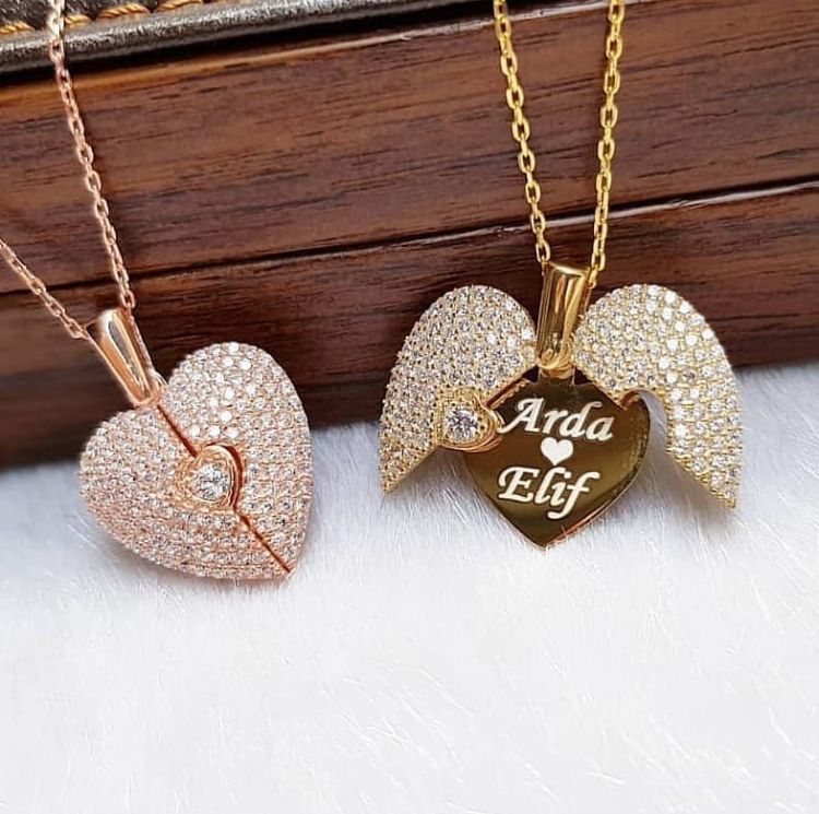 Engraved Name Diamond Hert Necklace