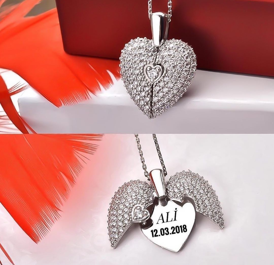 Engraved Name Diamond Hert Necklace